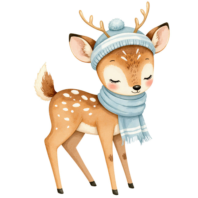  deer wearing a blue winter hat and scarf FABRIC PANEL