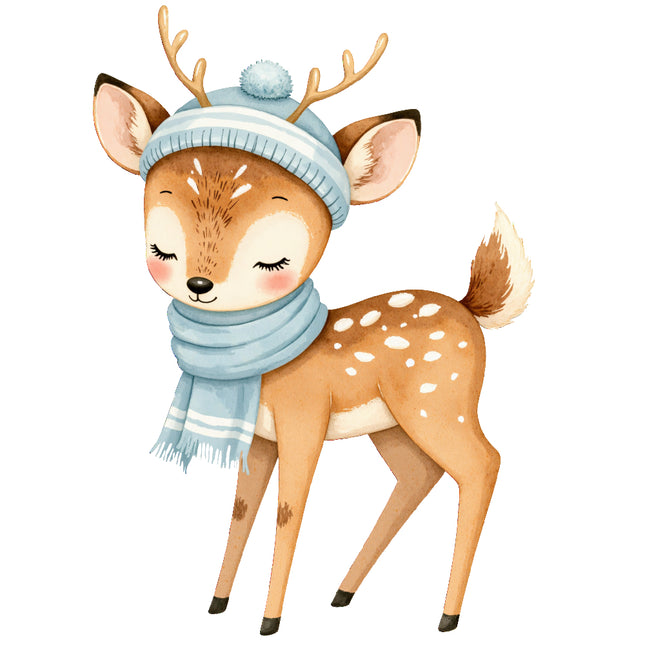 winter deer wearing a blue winter hat and scarf quilt block