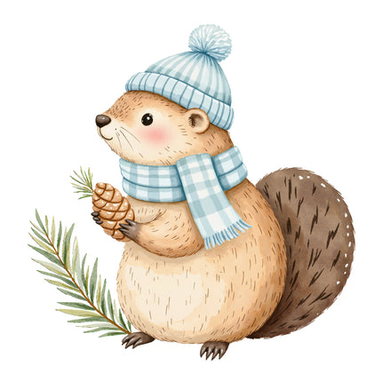 squirrel wearing a blue hat and scarf, holding a pine cone and branch quilt block