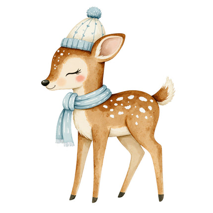 deer wearing a blue hat and scarf fabric panel