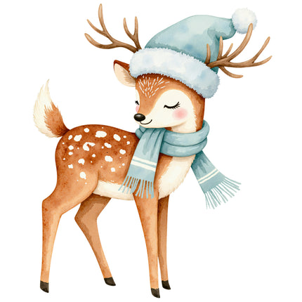 Deer wearing a blue winter hat and scarf fabric panel