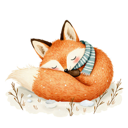 fox wearing a striped scarf with a snowy background fabric panel