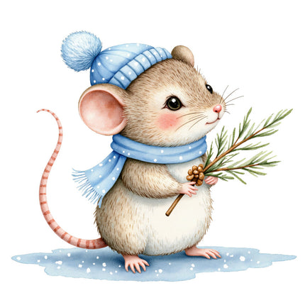 mouse wearing a blue winter hat and scarf, holding a pine cone and branch fabric panel