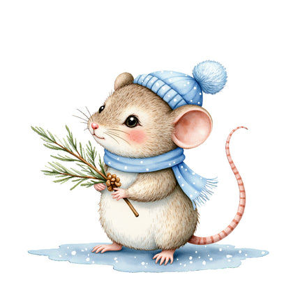 mouse wearing a blue winter hat and scarf, holding a pine branch sewing panel