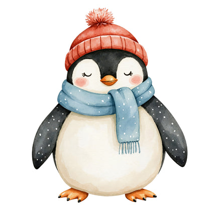 penguin wearing a red hat and blue scarf fabric panel