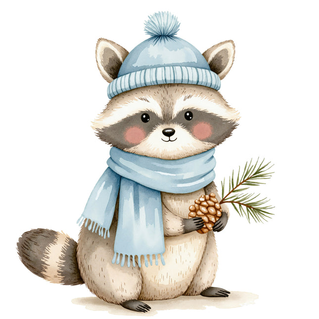 raccoon wearing a blue winter hat and scarf, holding a pine cone fabric panel