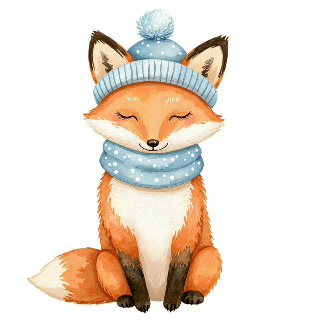 fox wearing a blue knitted hat and scarf fabric panel