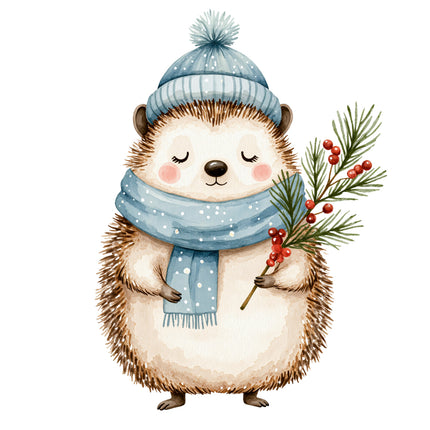 hedgehog wearing a blue winter hat fabric panel
