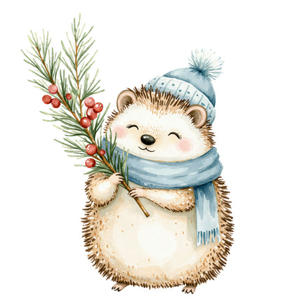 Hedgehog wearing a blue hat and scarf holding a branch fabric panel