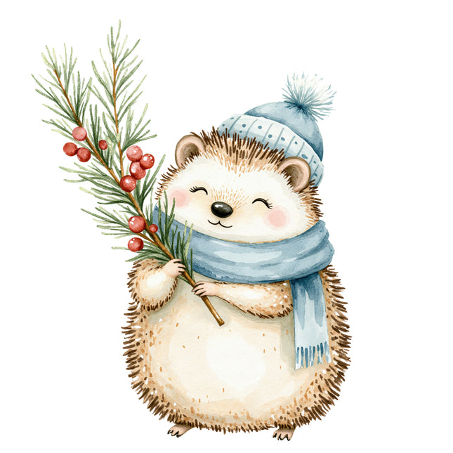Hedgehog wearing a blue hat and scarf holding a branch fabric panel