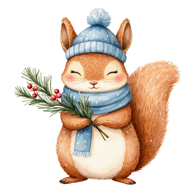 squirrel wearing a blue winter hat fabric panel