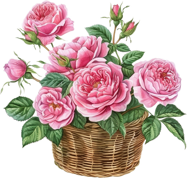 Basket of pink roses fabric panel
