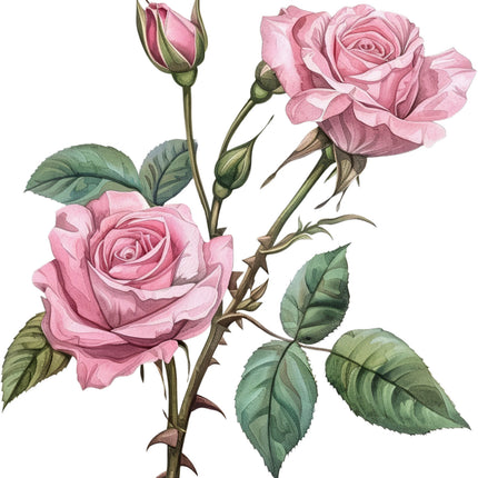 pink roses with green leaves fabric panel