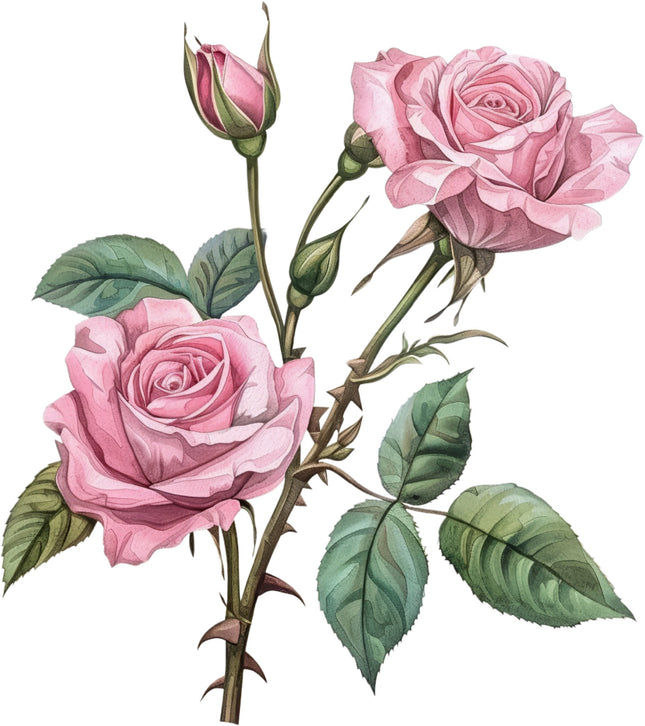 pink roses with green leaves fabric panel