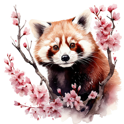 Red panda in cherry blossoms cotton fabric panel