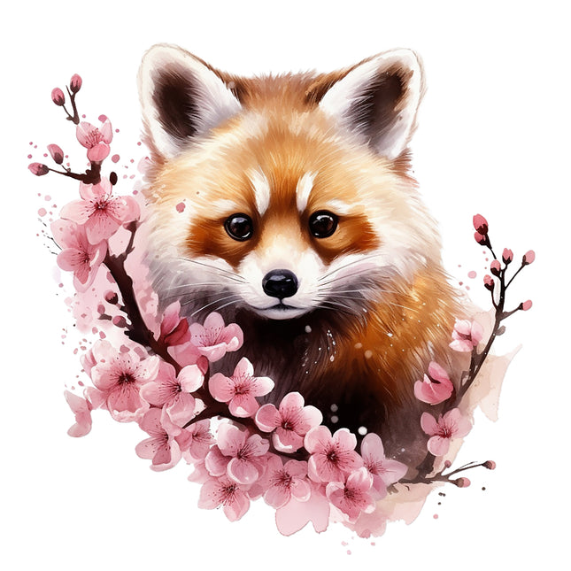 Red panda in cherry blossoms cotton fabric panel