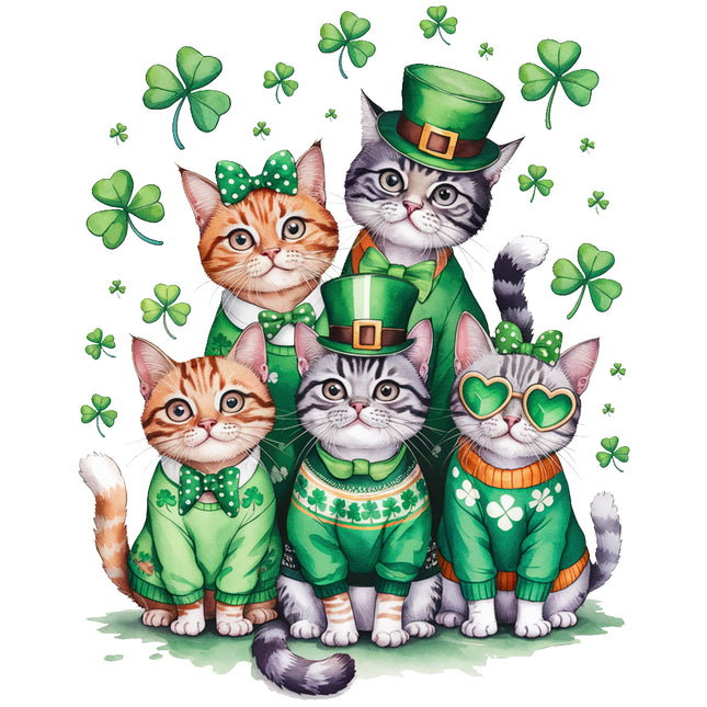 Four cats in St. Patrick's Day-themed outfits with shamrocks fabric panel