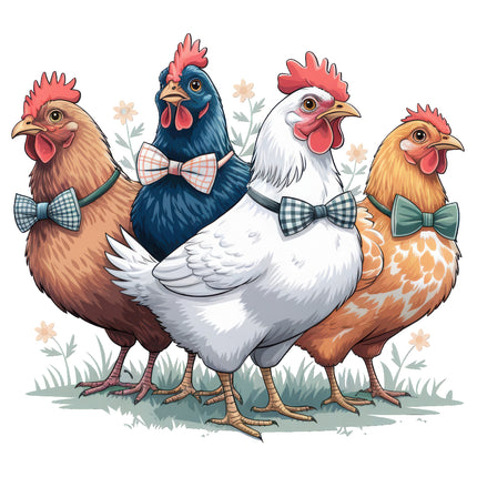 Four chickens with colorful bow ties fabric panel