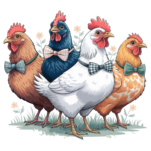 Four chickens with colorful bow ties fabric panel
