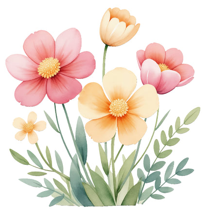 pink, yellow, and peach flowers with green leaves fabric panel