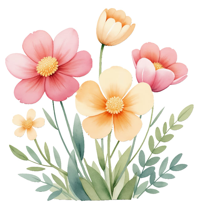 pink, yellow, and peach flowers with green leaves fabric panel