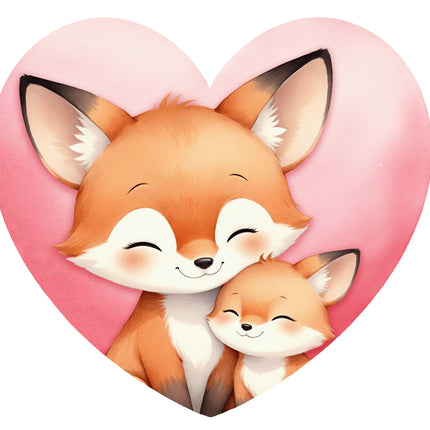 foxes hugging inside a pink heart fabric panel