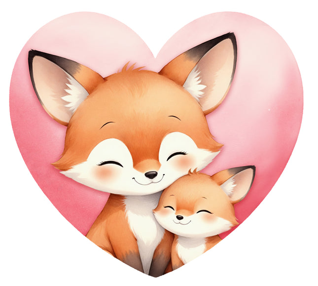 foxes hugging inside a pink heart fabric panel