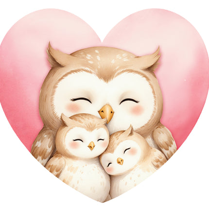 owl family with closed eyes inside a pink heart fabric panel