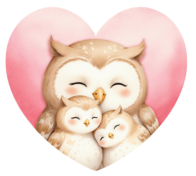 owl family with closed eyes inside a pink heart fabric panel