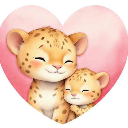 leopards hugging inside a pink heart fabric panel