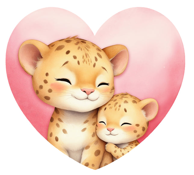 leopards hugging inside a pink heart fabric panel