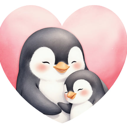 penguins hugging with a pink heart fabric panel