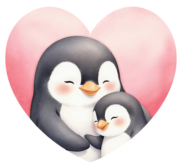 penguins hugging with a pink heart fabric panel