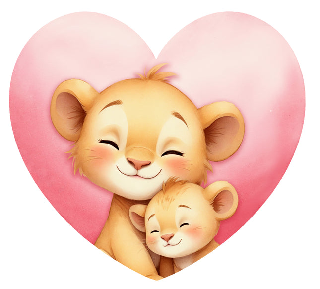 lion cubs hugging with a pink heart fabric panel