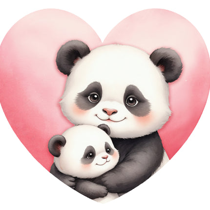 Two panda bears hugging with a pink heart fabric panel