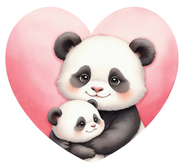 Two panda bears hugging with a pink heart fabric panel