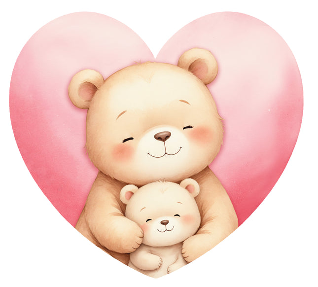 Two cute teddy bears hugging with a pink heart fabric panel