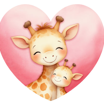 Cartoon giraffes hugging with a pink heart fabric panel