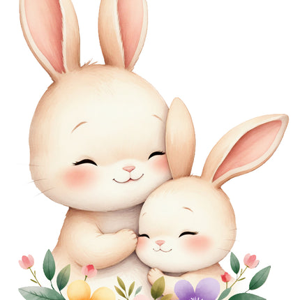 Two cute cartoon bunnies hugging with flowers fabric panel