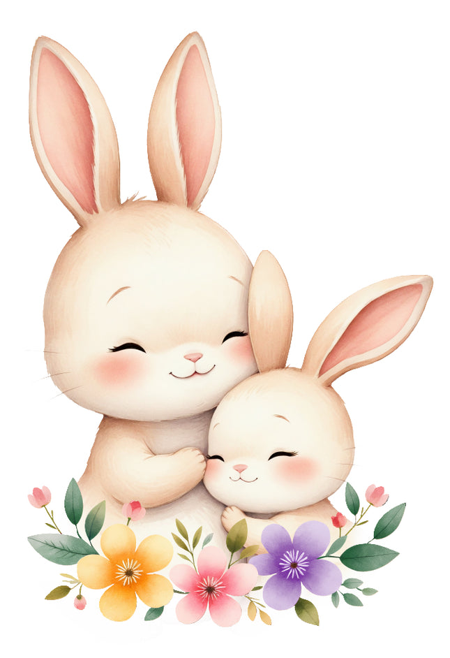 Two cute cartoon bunnies hugging with flowers fabric panel