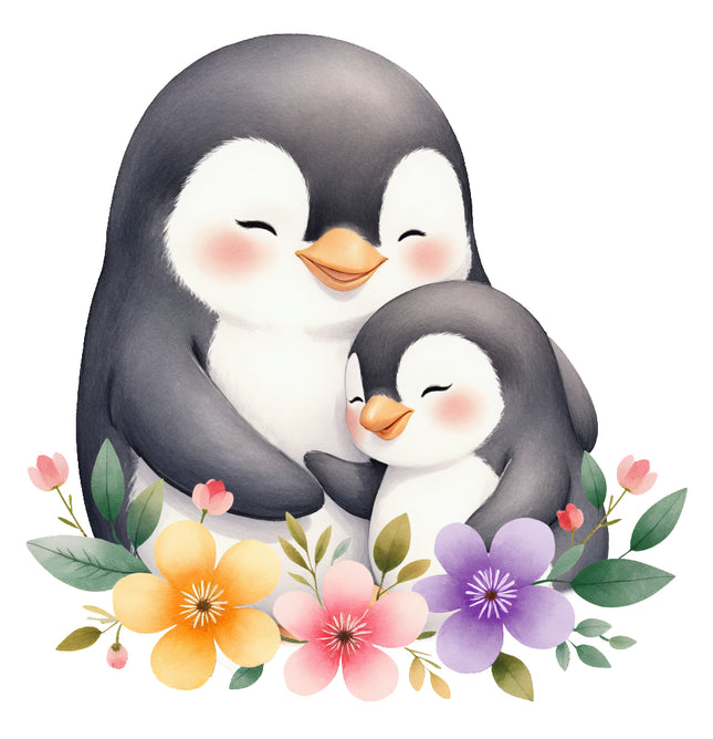 Two cartoon penguins hugging with colorful flowers fabric panel
