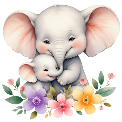 Two cartoon elephants hugging fabric panel