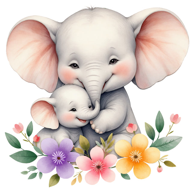 Two cartoon elephants hugging fabric panel