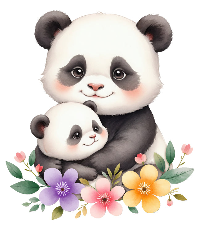 Two panda bears hugging with colorful flowers fabric panel