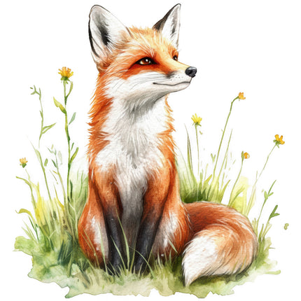 fox sitting in grass with flowers fabric panel
