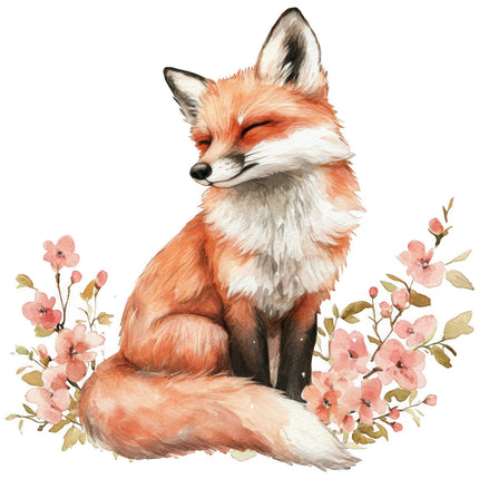 fox surrounded by pink flowers fabric panel