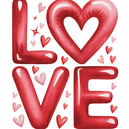 Red balloon letters spelling 'LOVE' with heart shapes fabric panel