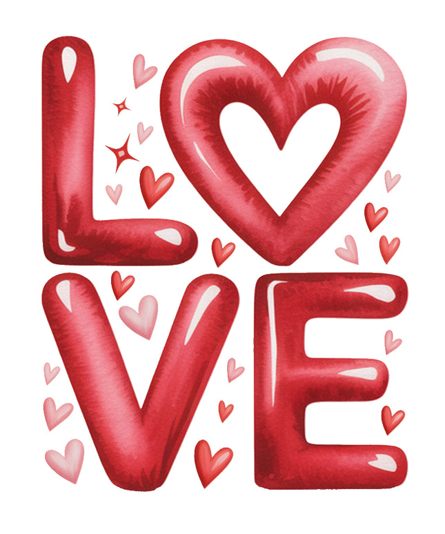 Red balloon letters spelling 'LOVE' with heart shapes fabric panel