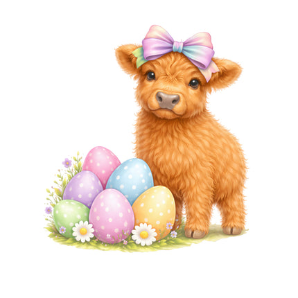 Easter highland cow cotton fabric panel