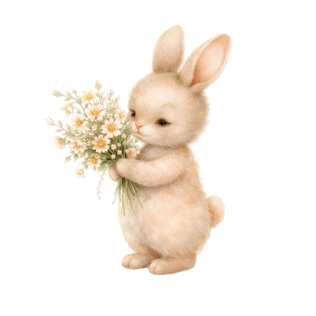 Cute bunny holding a bouquet of flowers quilt block